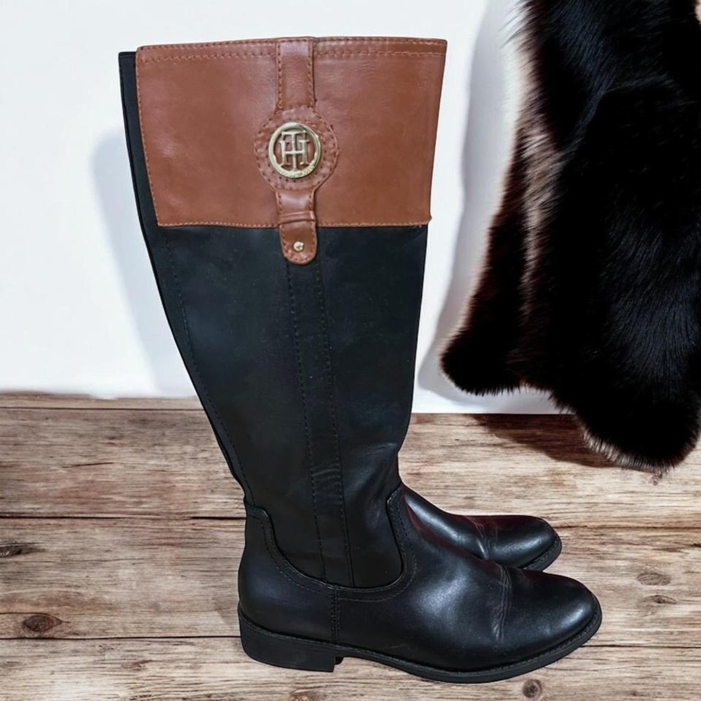 Tommy Hilfiger Tall Equestrian Black & Brown Vegan Leather Riding Boots 7.5‎